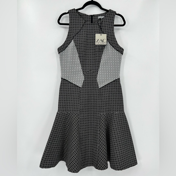 🆕 NWT ZAC Zac Posen VOGUE Peplum Midi Dress Printed Stretch Black Gray White 14 - Picture 3 of 14